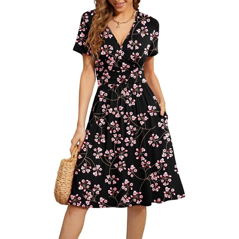 Women Gypsophila Short Sleeve V-Neck Floral Stretchy Party Dress with Pockets